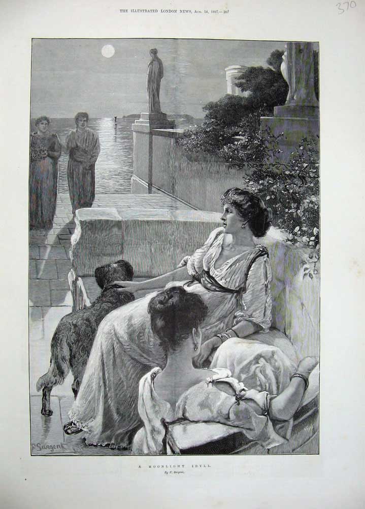 Old Antique Print 1897 Sargent Fine Art Moonlight Idyll Ladies Women Dog 19th