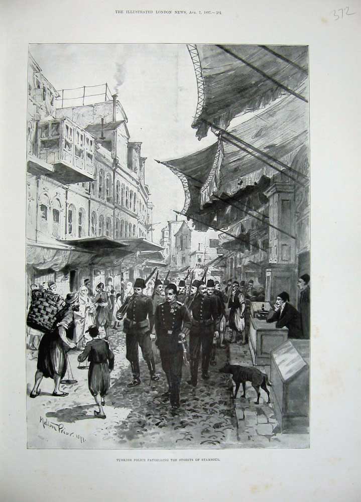 Old Antique Print 1897 Melton Prior Turkish Police Streets Stamboul Art 19th