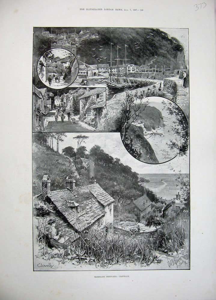 Old Antique Print 1897 Clovelly Street Harbour Ships Houses Country Sea 19th