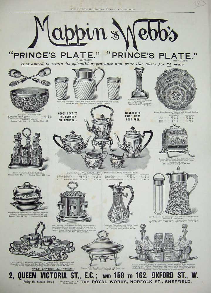 Old Antique Print 1897 Advertisement Mappin Webb Silver Glass Plate Bowl 19th