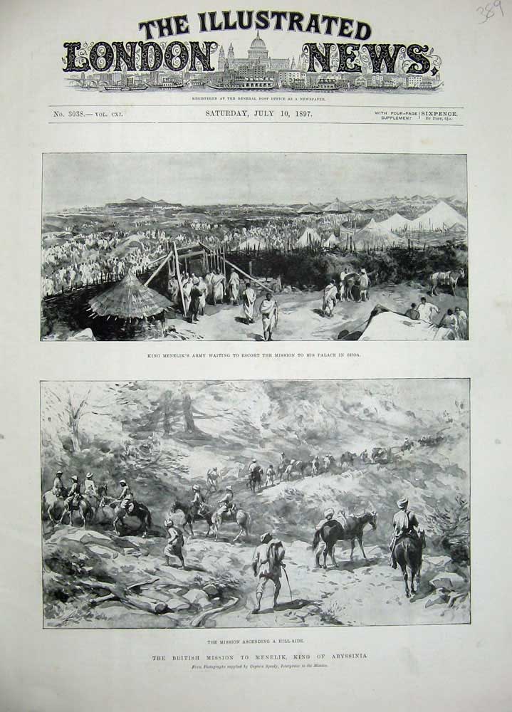 Old Antique Print 1897 King Menelik Army Palace Shoa Abyssinia War Hill 19th