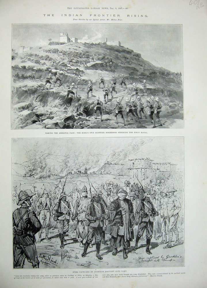 Antique Old Print 1897 India War Arhanga Kotal Battle Gurkhas Kurram Camp 19th