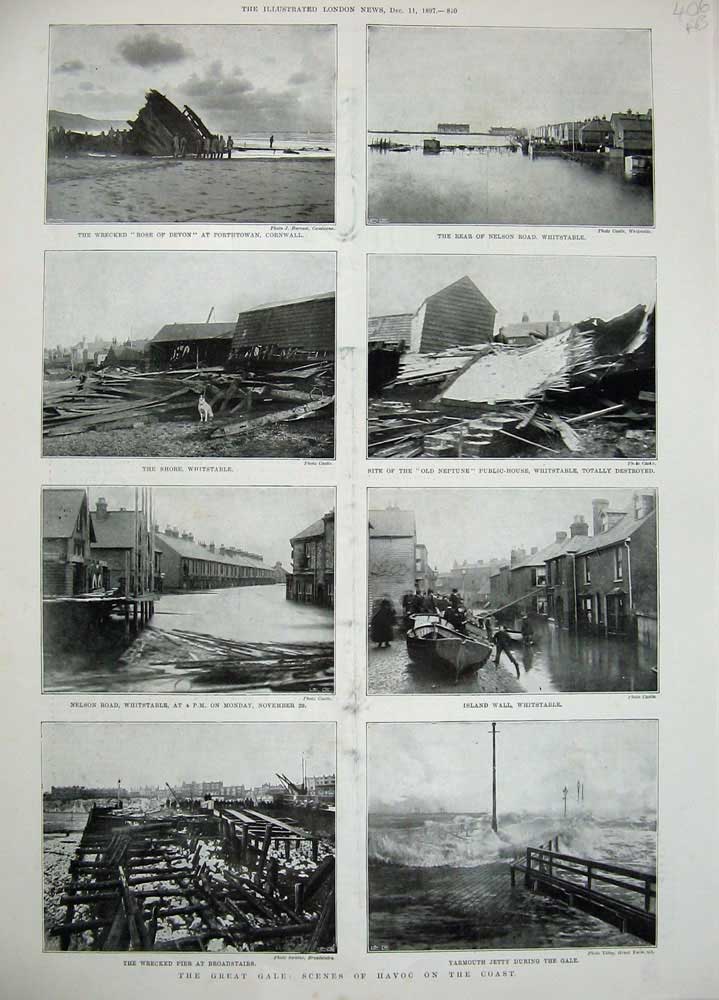 Old Antique Print 1897 Sea Storm Weather Cornwall Yarmouth Margate Boat 19th