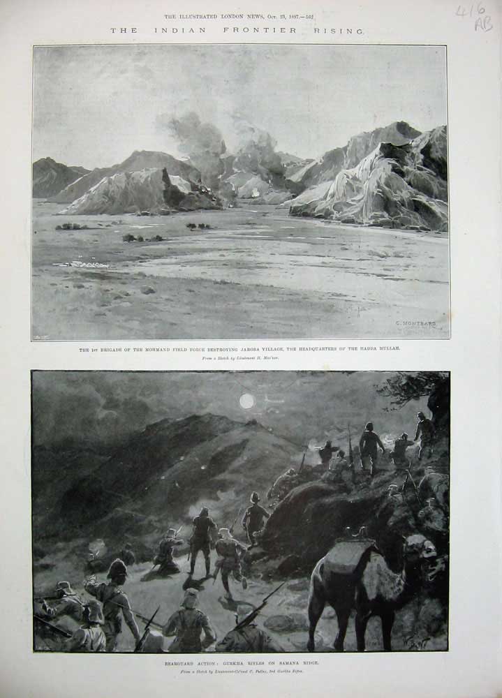 Antique Old Print 1897 India War Mohmand Jaroba Mullah Gurkha Khyber Army 19th
