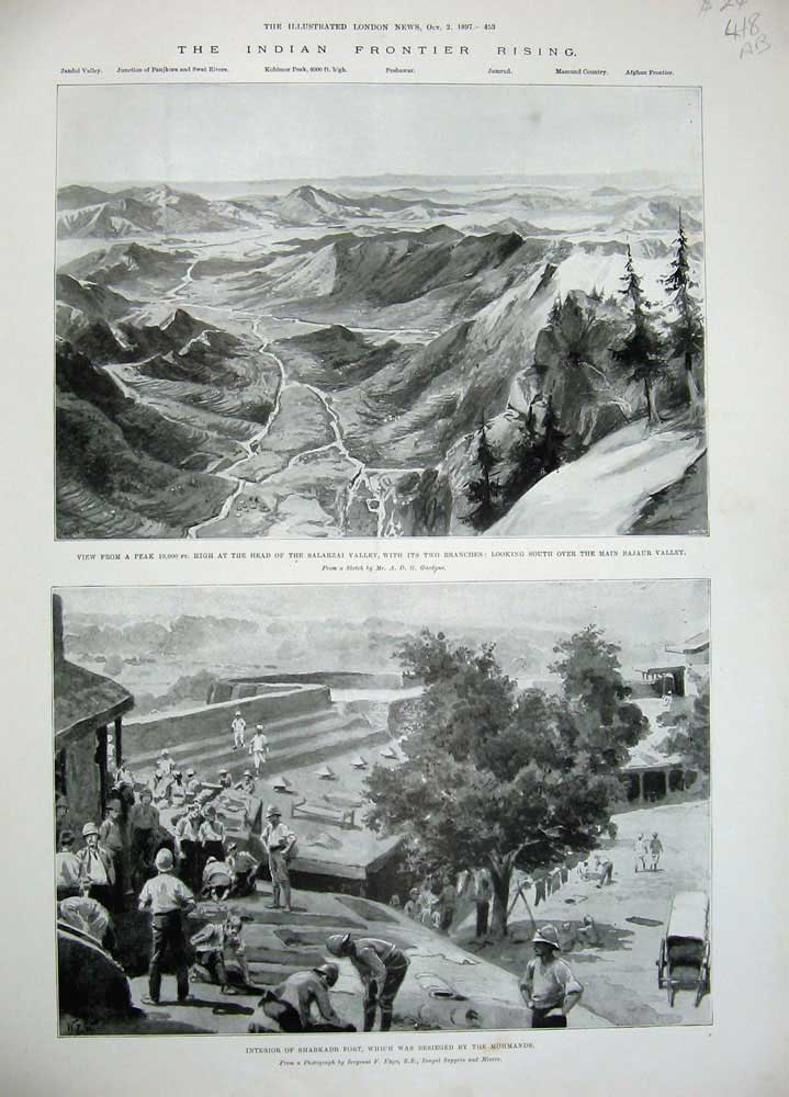 Old Antique Print 1897 India War Salarzai Bajaur Shabkadr Fort Ishmael 19th