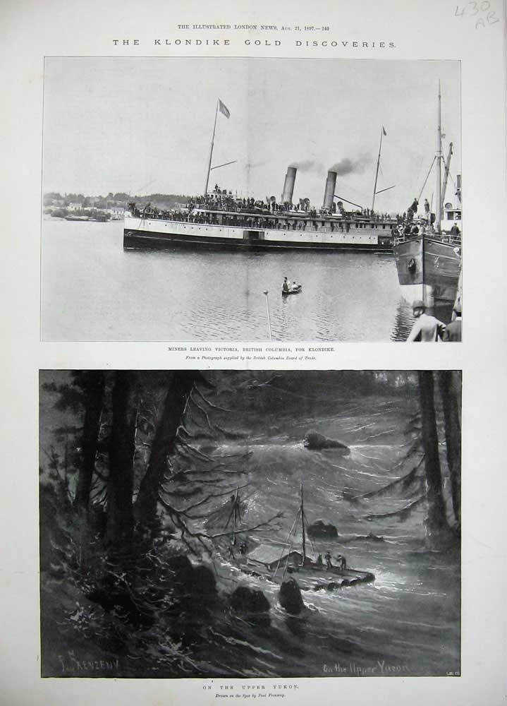 Original Old Antique Print 1897 Klondike GMining Yukon River Ship Excelsior