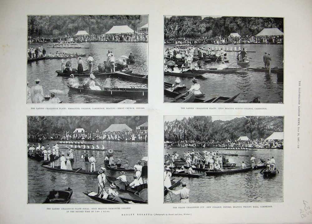 Antique Old Print 1897 Henley Regatta Boats River Oxford Cambridge Sculls 19th