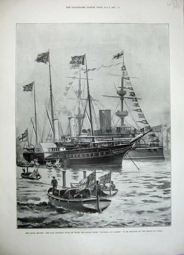 Original Old Antique Print 1897 Naval Review Royal Yacht Victoria Albert Ship