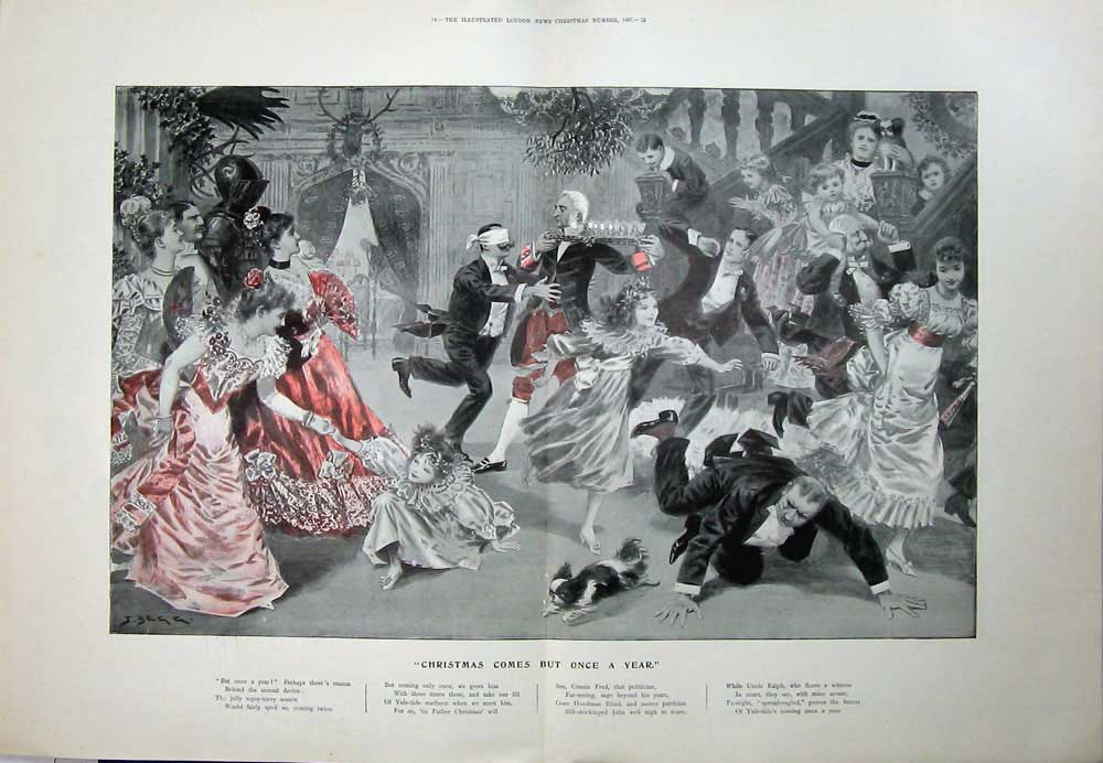 Antique Old Print 1897 Christmas Party Games Children Fashion Dresses Art 19th