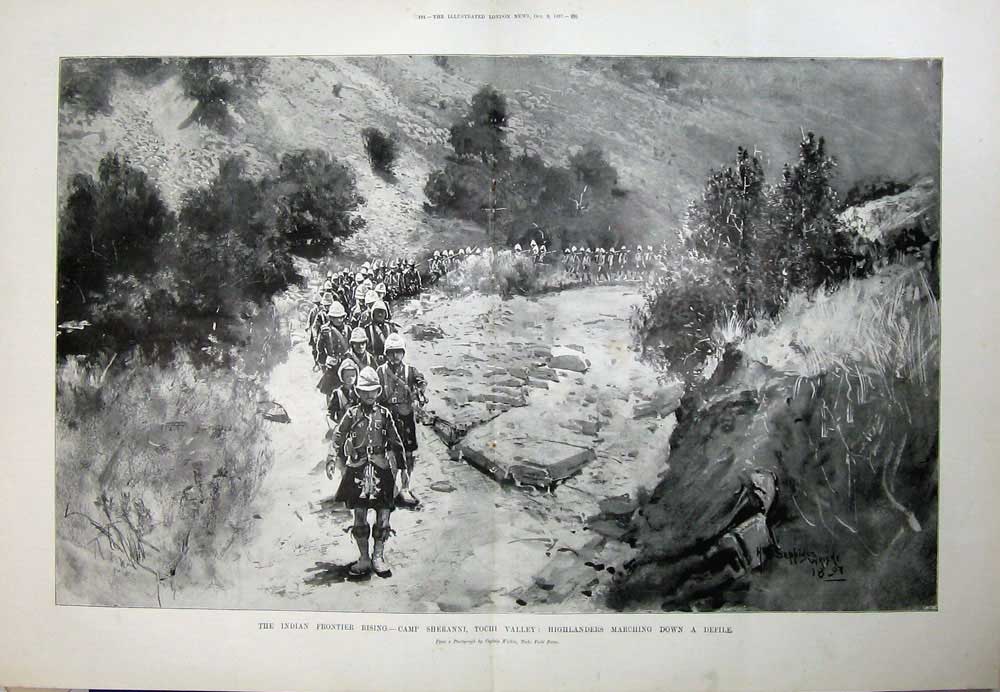 Antique Old Print 1897 India War Camp Sheranni Tochi Highlanders Army Men 19th