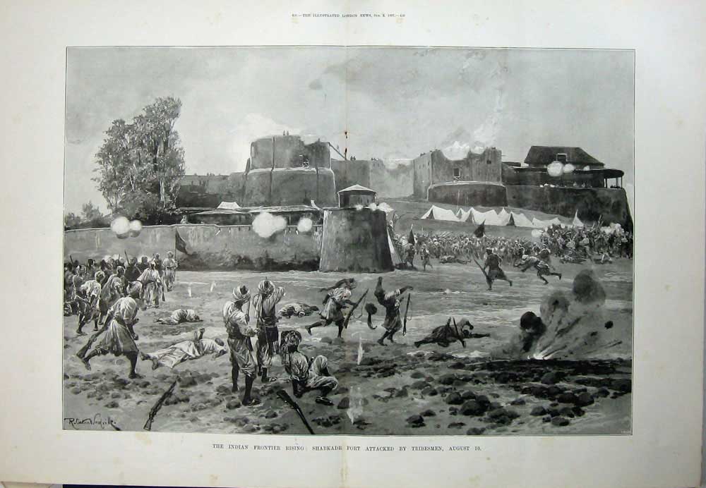 Old Antique Print 1897 India War Shabkadr Fort Attacked Tribesmen Army 19th