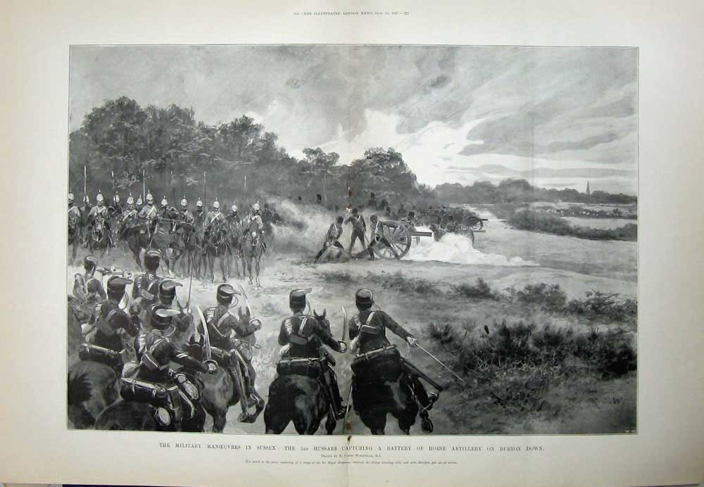 Old Antique Print 1897 Military Manoeuvres Sussex Hussars Horse Burton 19th