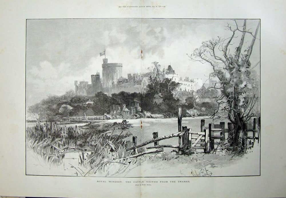 Antique Old Print 1897 View Royal Windsor Castle River Thames Railton Art 19th
