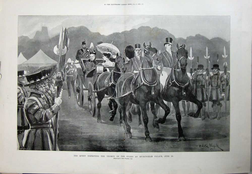 Old Antique Print 1897 Queen Yeomen Guard Buckingham Palace Horse Coach 19th