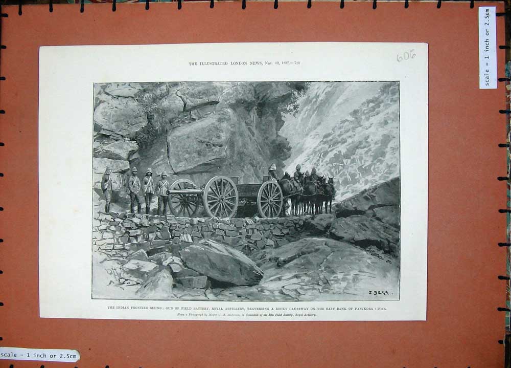 Old Antique Print 1897 India Gun Field Battery Artillery Panjkora Horses 19th