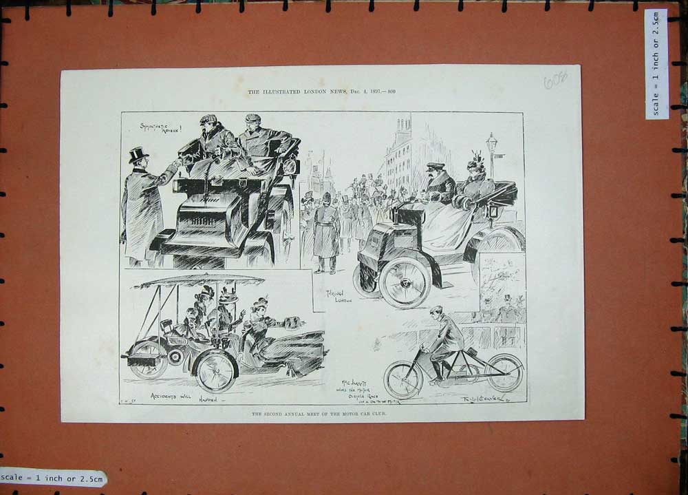 Original Old Antique Print 1897 Motor Car Club Street London Bicycle Transport