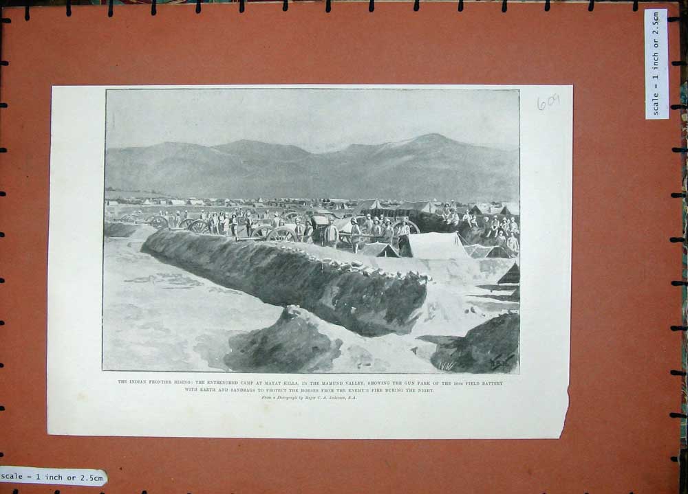 Old Antique Print 1897 India War Armt Camp Mayat Killa Mamund Valley Gun 19th
