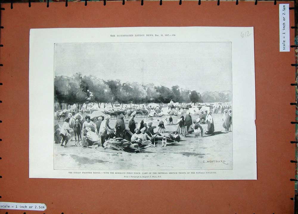 Original Old Antique Print 1897 India War Mohmand Field Force Camp Patiala Army