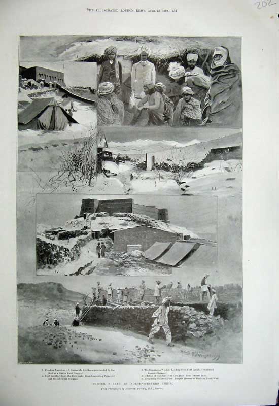 Old Antique Print 1899 Winter Scenes India Ghilzai Karappa Hospital Fort 19th