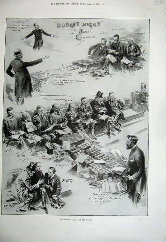 Original Old Antique Print 1899 Budget House Commons Men Chancellor Exchequer