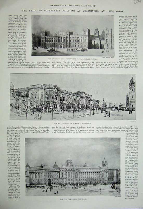 Old Antique Print 1899 Government Buildings College Kensington Whitehall 19th