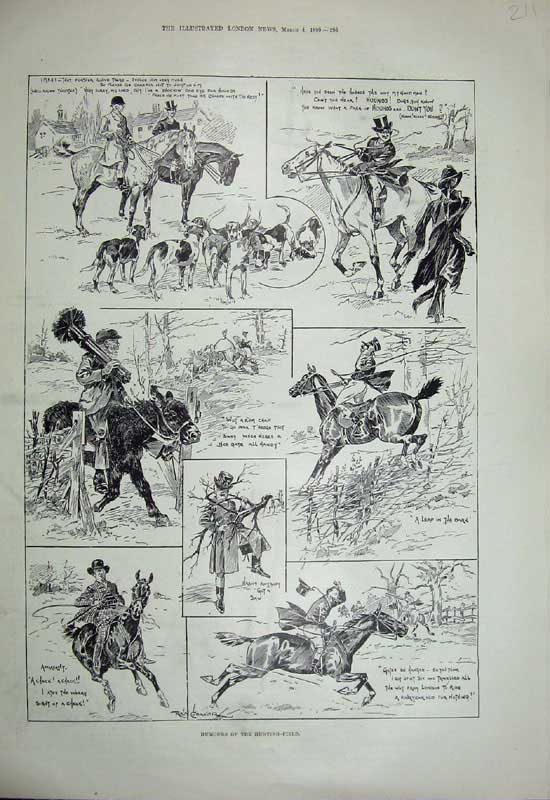Original Old Antique Print 1899 Hunting Sport Men Horses Dogs Hounds Country
