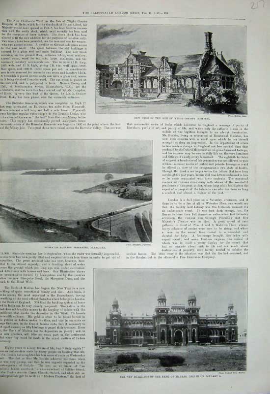 Old Antique Print 1899 Isle Wight Hospital Reservoir Plymouth Bank Madras 19th