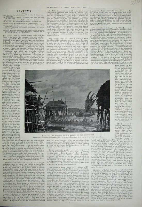 Original Old Antique Print 1899 Papuan Pile Village Lakatoi Native People Boats