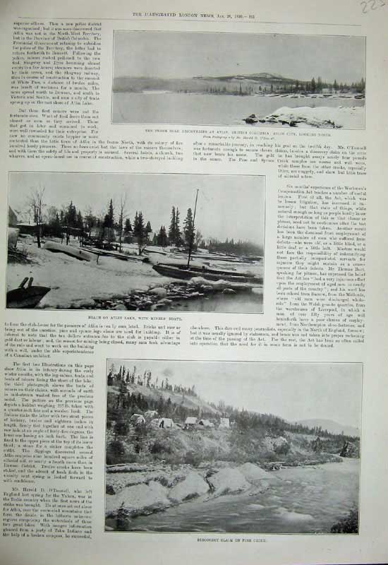 Original Old Antique Print 1899 GMining Atlin Columbia Lake Pine Creek Boats