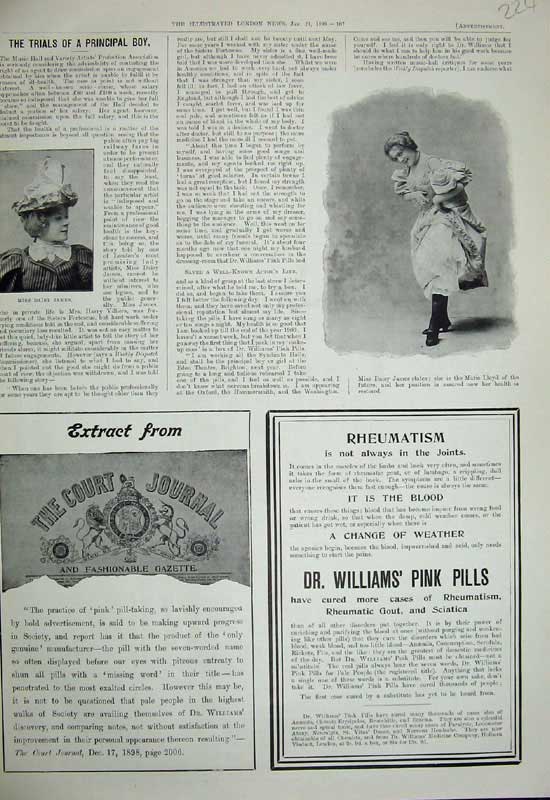Old Antique Print 1899 Advertisement Pills Rheumatism Daisy James Journal 19th