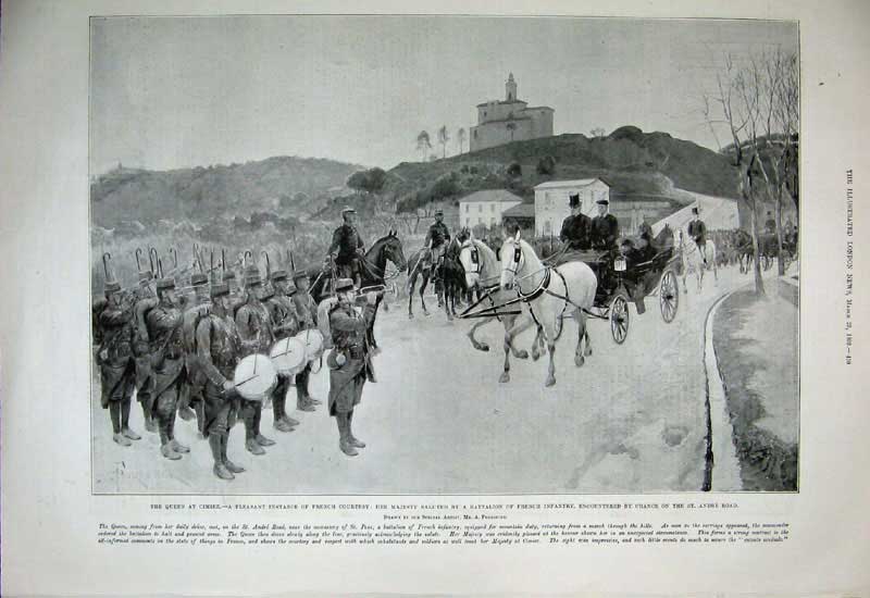 Old Antique Print 1899 Queen Nice France Cimiez Army Siers Horse Coach 19th