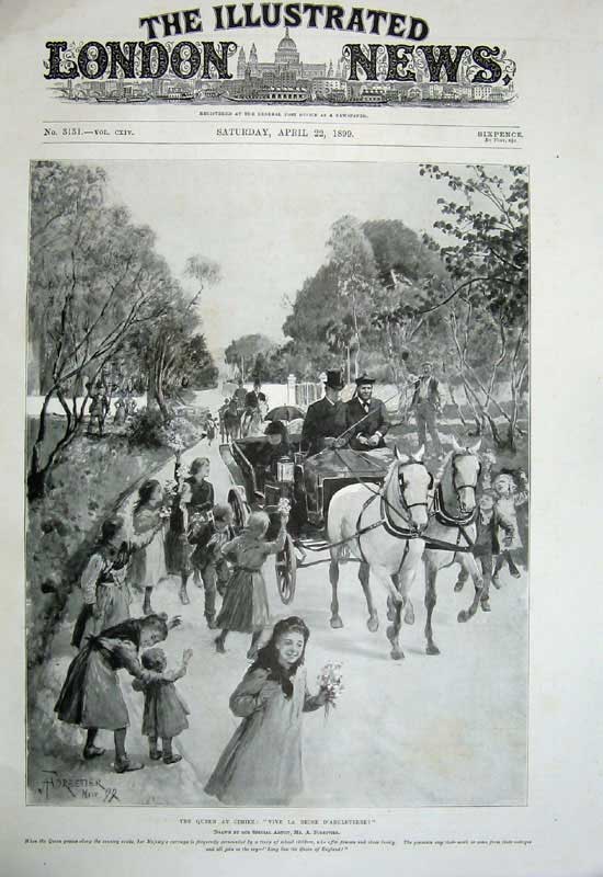 Antique Old Print 1899 Queen Cimiez France Horse Carriage Children Flower 19th