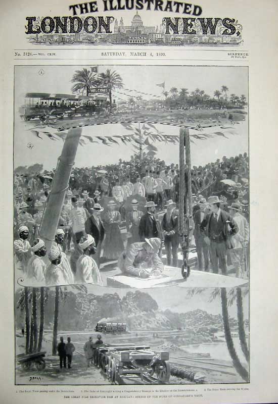Antique Old Print 1899 Assouan River Nile Dam Church Duke Connaught Train 19th