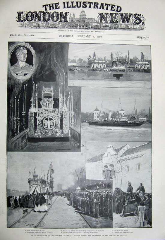 Original Old Antique Print 1899 Christopher Columbus Santa Maria Seville Genoa