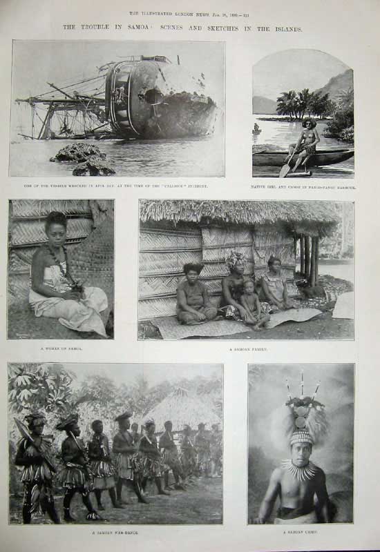 Old Antique Print 1899 Samoa Apia Ship Native Girl Canoe Chief War-Dance 19th