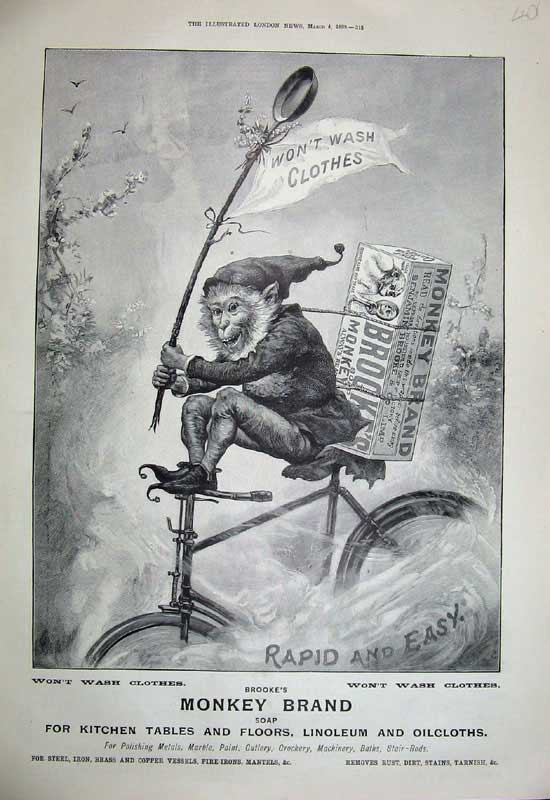 Old Antique Print 1899 Advertisement Brooke'S Monkey Brand Soap Cleaning 19th