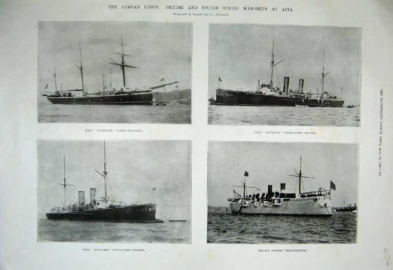 Original Old Antique Print 1899 Samoan British War Ship Apia Gfinch Wallaroo