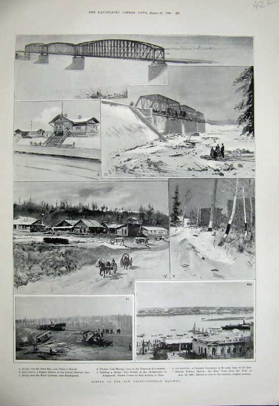 Original Old Antique Print 1899 Trans-Siberian Railway Train Kansk Bridge River