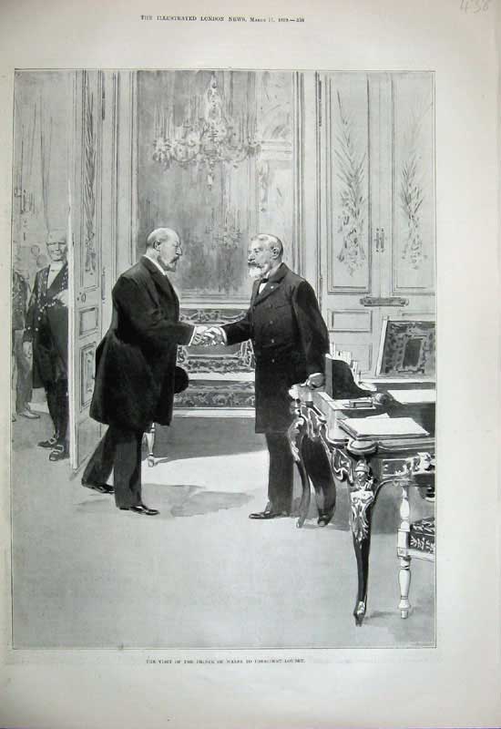 Original Old Antique Print 1899 Prince Wales President Loubet Men Shaking Hands