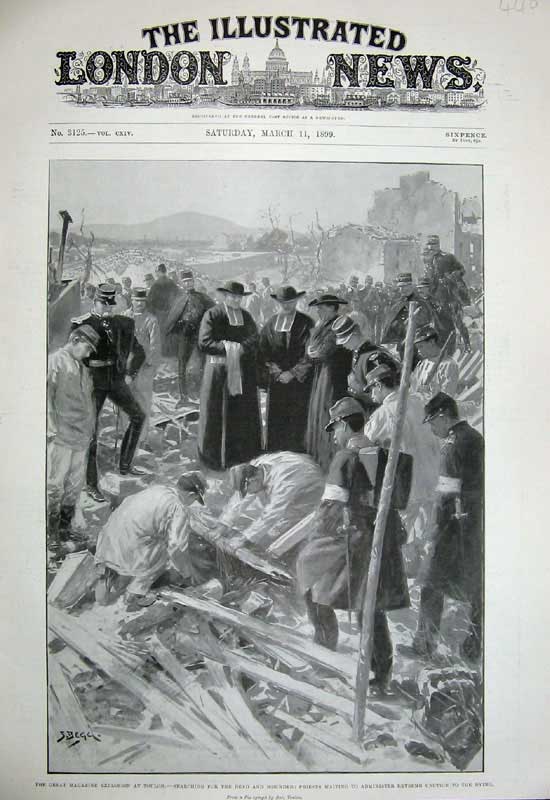 Old Antique Print 1899 Bomb Explosion Toulon War Searching Dead Priests 19th