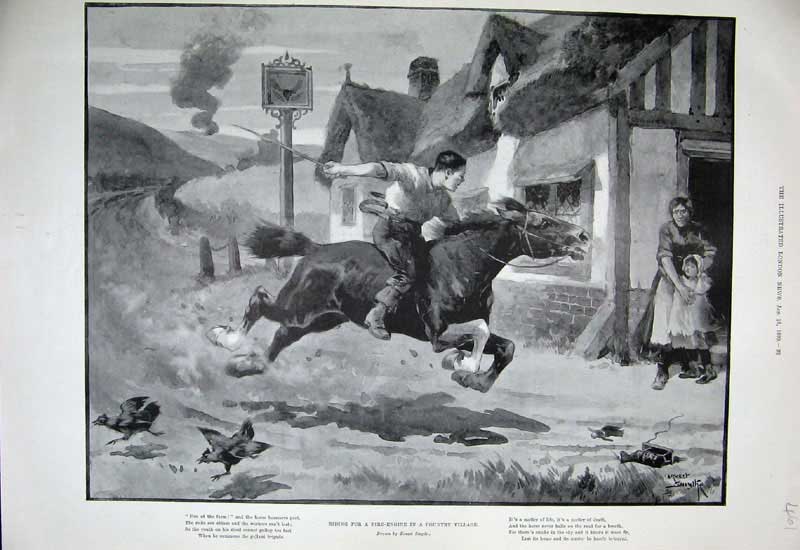 Original Old Antique Print 1899 Riding Horse Fire-Engine Country Village House