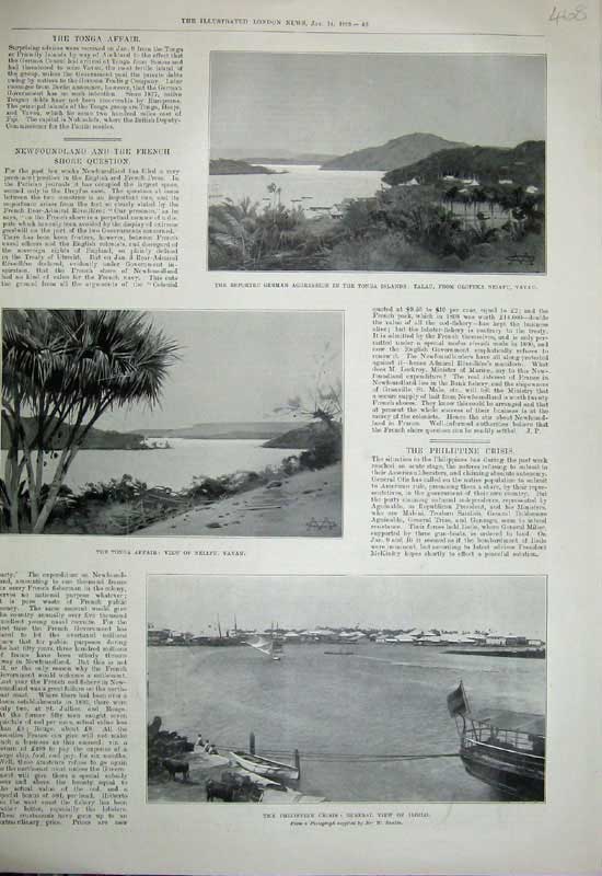 Old Antique Print 1899 Tonga Island Talau Vavau Philippine Crisis Iloilo 19th
