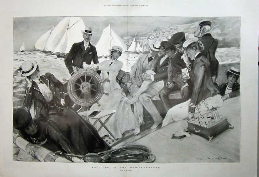 Old Antique Print 1899 Yachting Boat Mediterranean Sea People Hal Hurst 19th