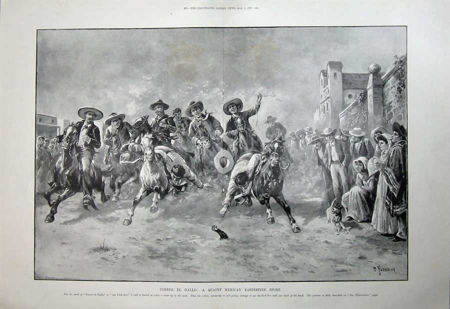 Old Antique Print 1899 Correr El Gallo Mexican Eastertide Sport Horses 19th
