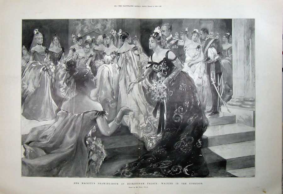 Old Antique Print 1899 Queen Drawing Room Buckingham Palace Ladies Art 19th