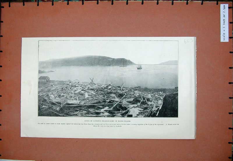 Original Old Antique Print 1899 Ruins Andree Balloon Crash Danes Island Ships