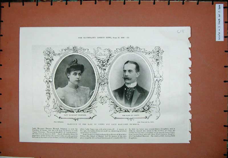 Old Antique Print 1899 Marriage Lady Margaret Primrose Earl Crewe Photo 19th
