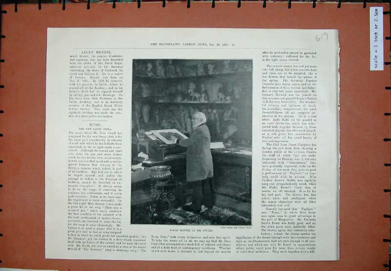 Old Antique Print 1899 Photograph Adolf Menzel Studio Painter Illustrator 19th