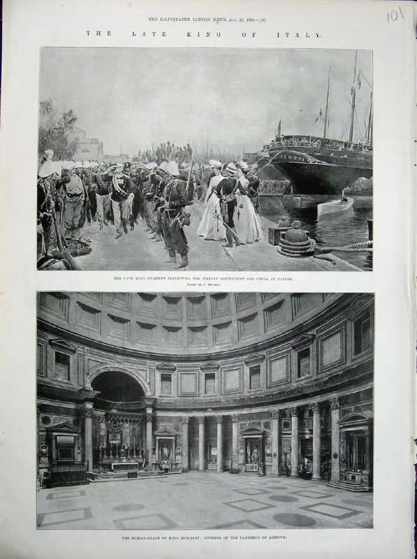 Original Old Antique Print 1900 King Italy Humbert Pantheon Agrippa Army Naples