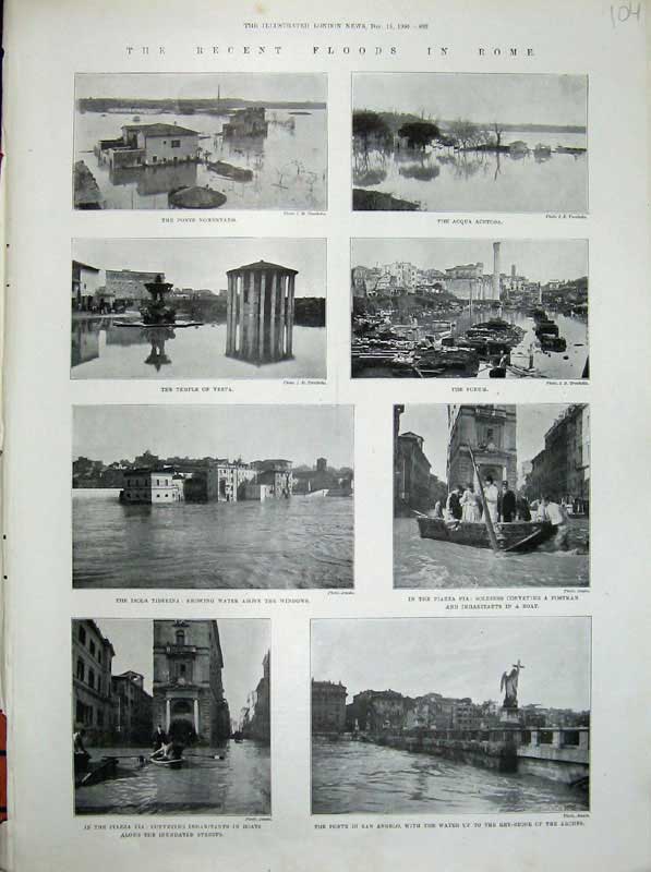 Old Antique Print 1900 Floods Rome Ponte Nomentano Tiberina Piazza Vesta 20th
